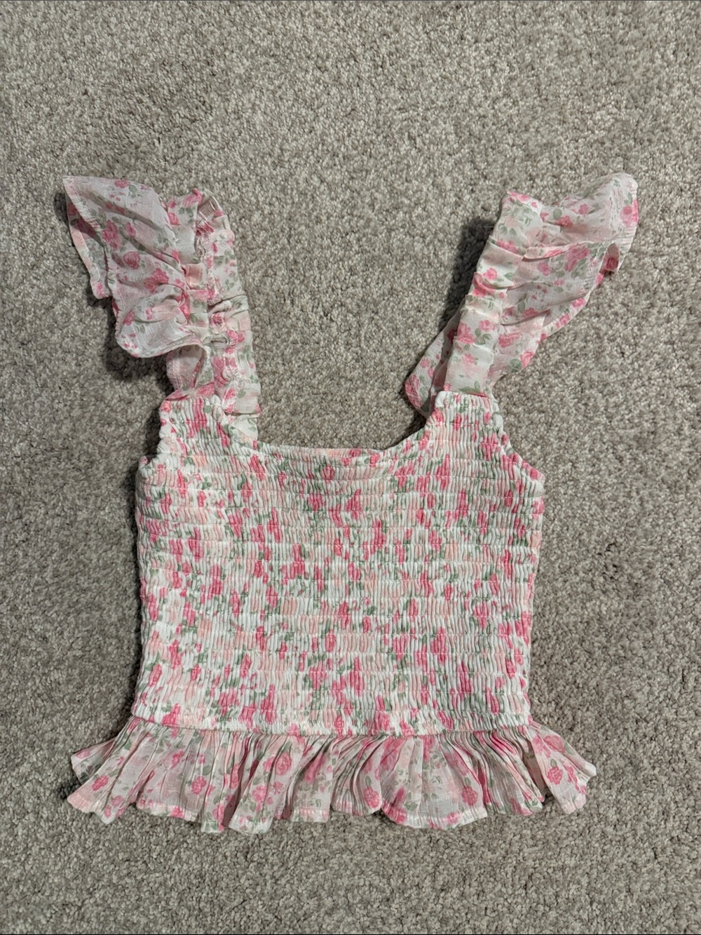 ALTAR’D STATE Floral Smocked Ruffle Tank Top - Pink & White
